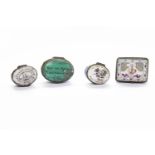 FOUR LATE 18TH/EARLY 19TH CENTURY BILSTON ENAMEL PATCH BOXES decorated with sentimental sayings,