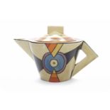 CLARICE CLIFF BIZARRE LIGHTENING PATTERN CONIAL TEAPOT with triangular spout and handle,
