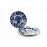 PAIR OF LATE 18TH CENTURY DUTCH DELFT PLATES painted with blue scrolling floral design,