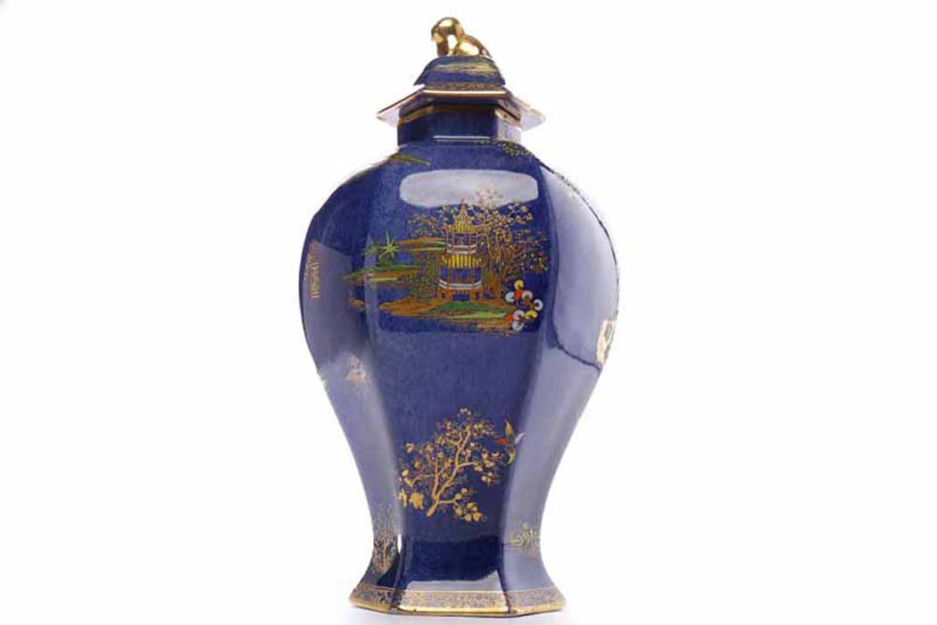 CARLTONWARE HEXAGONAL BALLUSTER VASE with gilt decoration on a blue ground depicting Chinese temple - Image 2 of 2