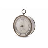 TWENTIETH CENTURY BRASS BAROMETER of circular form, signed silvered dial, blued steel and hands,