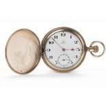 EARLY TWENTIETH CENTURY OMEGA GOLD PLATED POCKET WATCH the white enamel dial with Arabic numerals