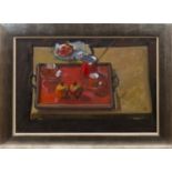 * NORMAN KIRKHAM RGI, STILL LIFE IN RED oil on canvas,