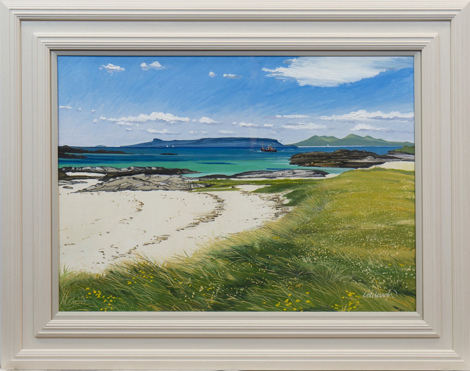 FRANK COLCLOUGH, EIGG & RUM FROM CAMUSDARACH SHORE oil on board, signed,