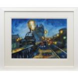 BRYAN EVANS, FOG AND LIGHTS ON KELVINBRIDGE watercolour on paper, signed,