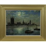 * GEOFFREY STONE (BRITISH 1931 - 2005), THE HOUSES OF PARLIAMENT IN MOONLIGHT oil on board,