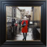 GERARD BURNS, RED COAT IN ROYAL EXCHANGE SQUARE oil on canvas,