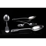 PAIR OF LATE GEORGE III SILVER IRISH FIDDLE PATTERN DESSERT SPOONS engraved initials,