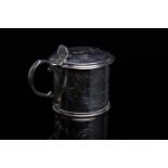 VICTORIAN SILVER DRUM MUSTARD POT the hinged cover engraved crest within scroll borders,