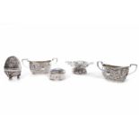 PAIR OF SILVER TWIN HANDLED OPEN SALT DISHES embossed with scrolling foliate designs, maker JR Ld,