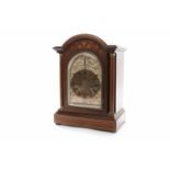 LATE VICTORIAN MAHOGANY SHERATON REVIVAL MANTEL CLOCK the copper engraved dial with Roman numerals