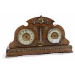 VICTORIAN OAK CLOCK BAROMETER contained within a side-by-side architectural case with gilt brass