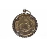 GOLD 1/10 OZ KRUGERRAND COIN DATED 1985 in a pendant mount, unsoldered, 4.