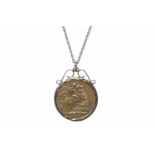 GOLD SOVEREIGN DATED 1899 in a nine carat gold pendant mount, with chain, 11.