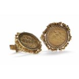 TWO GOLD SOVEREIGNS DATED 1908 each mounted in a nine carat gold cufflink, unsoldered,