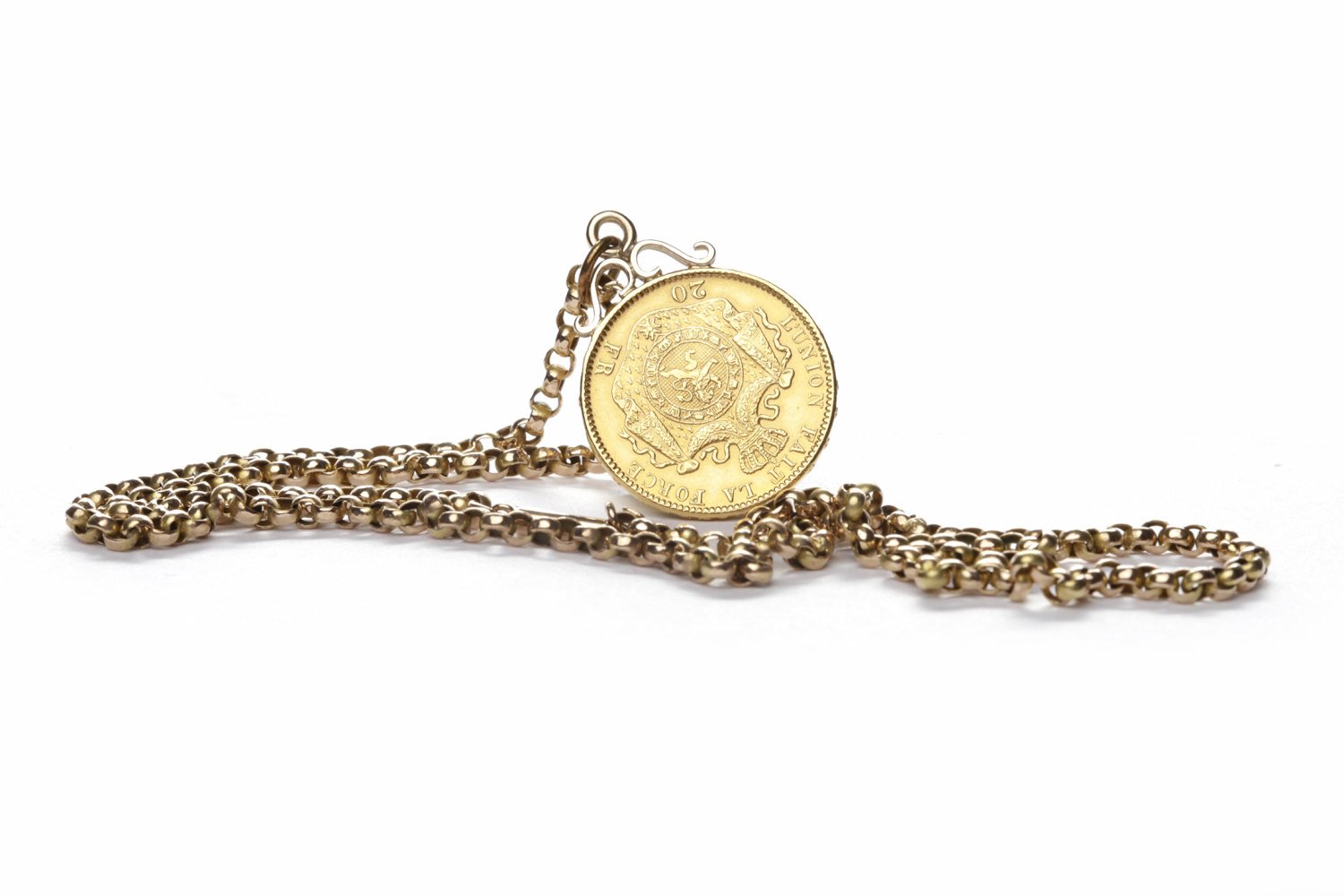 GOLD BELGIAN 20 FRANC COIN DATED 1876 soldered with a pendant mount, on a belcher link chain,