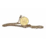 GOLD BELGIAN 20 FRANC COIN DATED 1876 soldered with a pendant mount, on a belcher link chain,