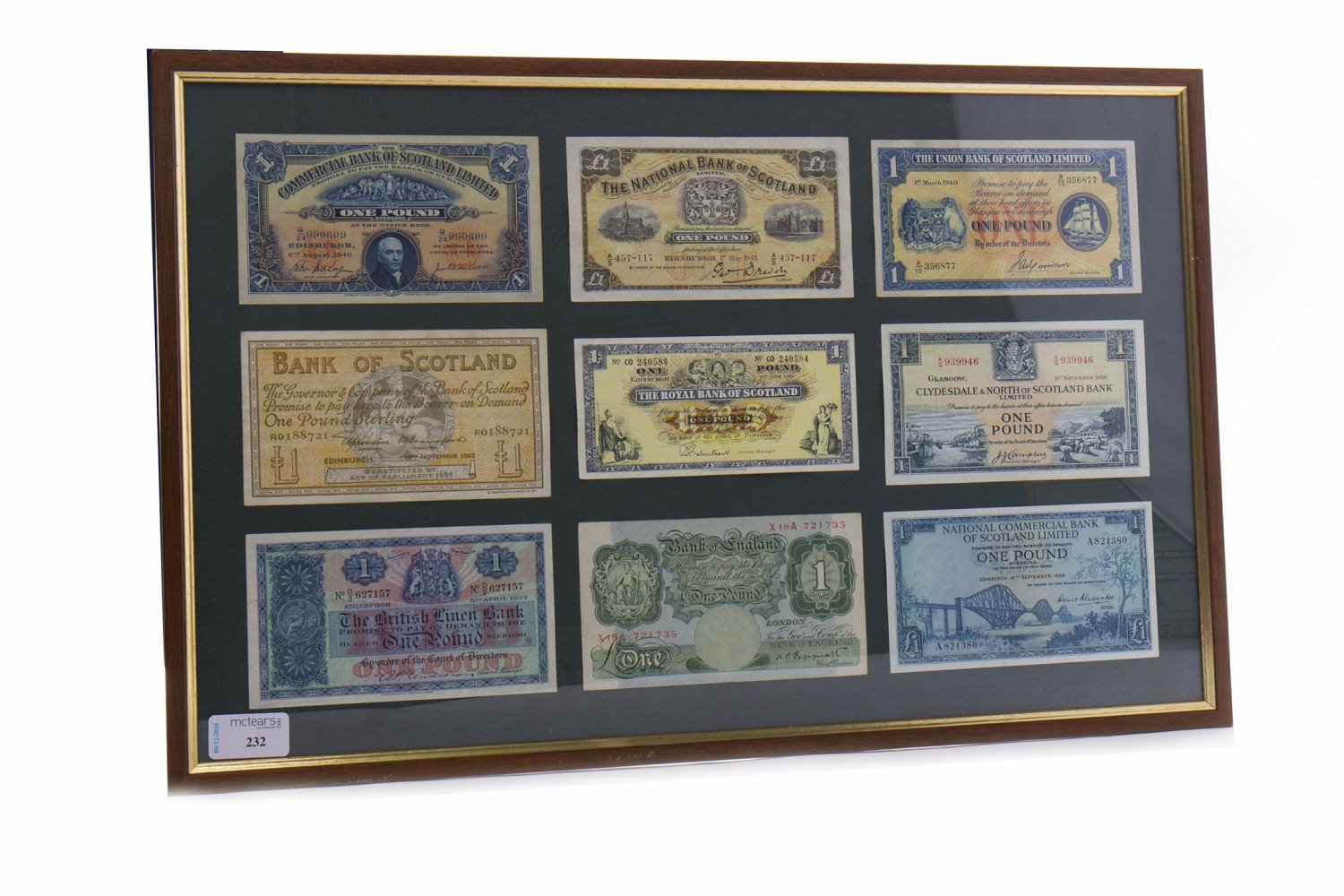 FRAMED SET OF ONE POUND NOTES including a Commercial Bank of Scotland £1 one pound note dated 6th