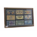 FRAMED SET OF ONE POUND NOTES including a Commercial Bank of Scotland £1 one pound note dated 6th