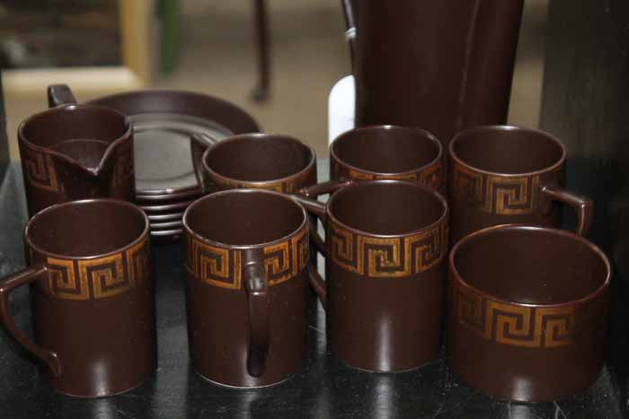 PORTMEIRON COFFEE SET gold Grecian key on chocolate brown, designed by Susan WIlliams-Ellis,