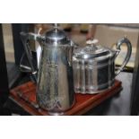 PLATED TEA POT AND WATER JUG together with a brass cat figure, musical frog, piano shaped music box,