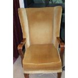 VINTAGE UPHOLSTERED ARMCHAIR together with a cast iron electric standard lamp