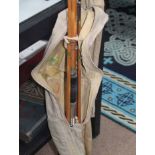 COLLECTION OF FISHING RODS, REELS, TACKLE AND RELATED ITEMS including split cane rod,
