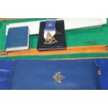 COLLECTION OF MASONIC ITEMS including a silver gilt and gem set Masonic medallion, apron, scroll,