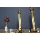 LOT OF FOUR BRASS COLUMN LAMP BASES together with two metal candlesticks (6)