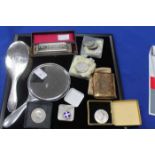 SILVER BACKED BRUSH AND HANDMIRROR, COLLECTION OF CROWNS, CHROMONICA IN BOX,