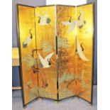 MID 20TH CENTURY JAPANESE FOUR FOLD SCREEN the panels with cranes in flight on one side on gold