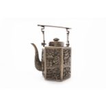 EARLY 20TH CENTURY CHINESE SILVER TEA POT with hinged twin handle,