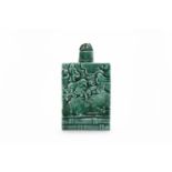 MID 20TH CENTURY CHINESE APPLE GREEN SNUFF BOTTLE with carved figural and landscape motifs to both