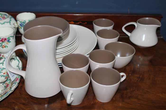 LOT OF POOLE TWO TONE POTTERY including teacups, six saucers, six sideplates,