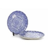 PAIR OF EARLY 20TH CENTURY CHINESE BLUE AND WHITE TRANSFER PRINT PLATE with floral decoration and