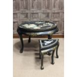 MID 20TH CENTURY CHINESE TABLE WITH FOUR STOOLS the circular table with bird and floral motifs in