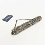 20TH CENTURY EASTERN WHITE METAL INCENSE BURNER of cylindrical pierced form, with chain, 17.