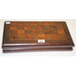 A 19TH CENTURY KILLARNEY YEW WOOD AND PARQUETRY INLAID CHESS AND FOLDOUT BACKGAMMON BOARD, 16.