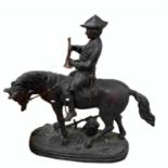 A LARGE BRONZE EQUESTRIAN GROUP, 
modelled with a French huntsman on horse back,