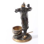 A 19TH CENTURY BRONZE AND GILT BRONZE FIGURE, 
of a blindfolded man with mop and bucket by his feet,