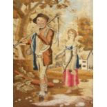 A 19TH CENTURY TAPESTRY PICTURE, 
on silk, depicting two peasants near a cottage, 21.