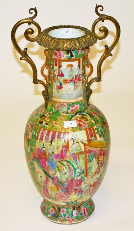 A 19TH CENTURY CANTONESE PORCELAIN VASE, with ormolu mounts and two dragon handles,