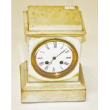 A SMALL WHITE MARBLE MANTEL CLOCK, with white circular enamel dial with Roman numerals,