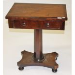 A WILLIAM IV PERIOD RECTANGULAR MAHOGANY SIDE TABLE, 
the cross banded top with frieze drawer,