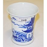 A CHINESE BLUE AND WHITE VASE, of cylindrical flared form,