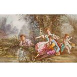 A RECTANGULAR FRENCH PORCELAIN PANEL, 
depicting figures by a river, indistinctly signed,