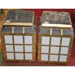 A PAIR OF ART DECO STYLE BRASS MOUNTED METAL WALL LANTERNS, each with three frosted glass panels,