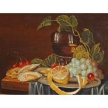 C. CORNELISZ Still Life, Fruit, Oysters and Wine on a Table, , O.O.P., 6.75 in (17cm) x 9in (23cm).