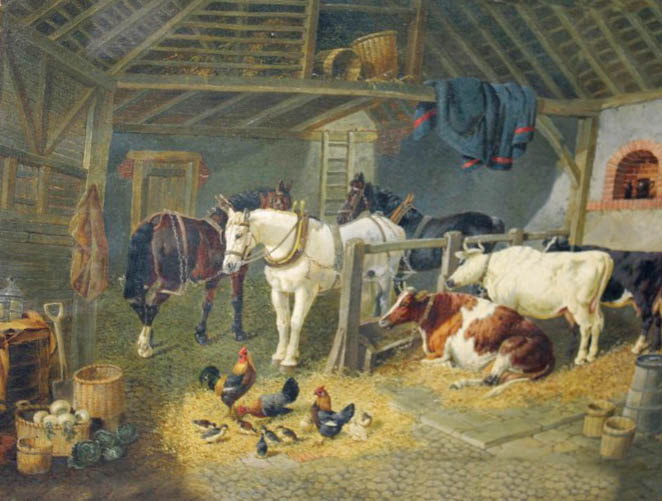 AFTER JOHN FREDERICK HERRING SNR, coloured print on canvas, Farmyard Friends in a Stable,