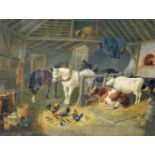 AFTER JOHN FREDERICK HERRING SNR, coloured print on canvas, Farmyard Friends in a Stable,